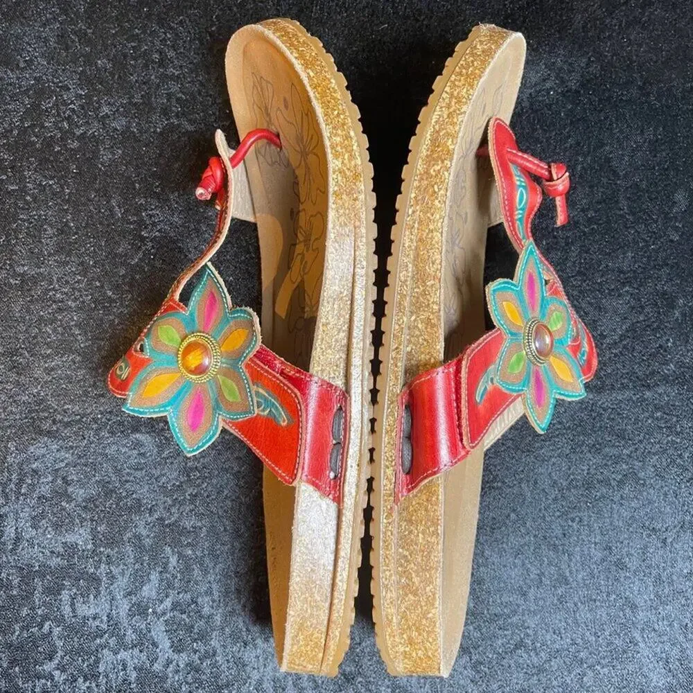 L’Artiste Spring Step Women’s 42 US 11 Red Green Leather Floral Thong Sandals - Picture 5 of 8